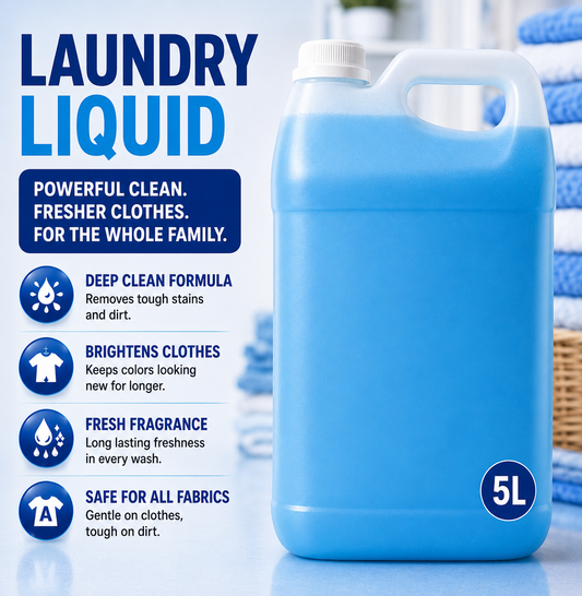 5 litre Omo laundry liquid bottle from My Store, showing the white container with blue and green label for washing clothes.