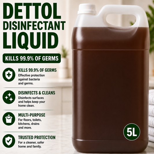 5 litre bottle of Dettol disinfectant clean and disinfectant solution, with label and cap visible.