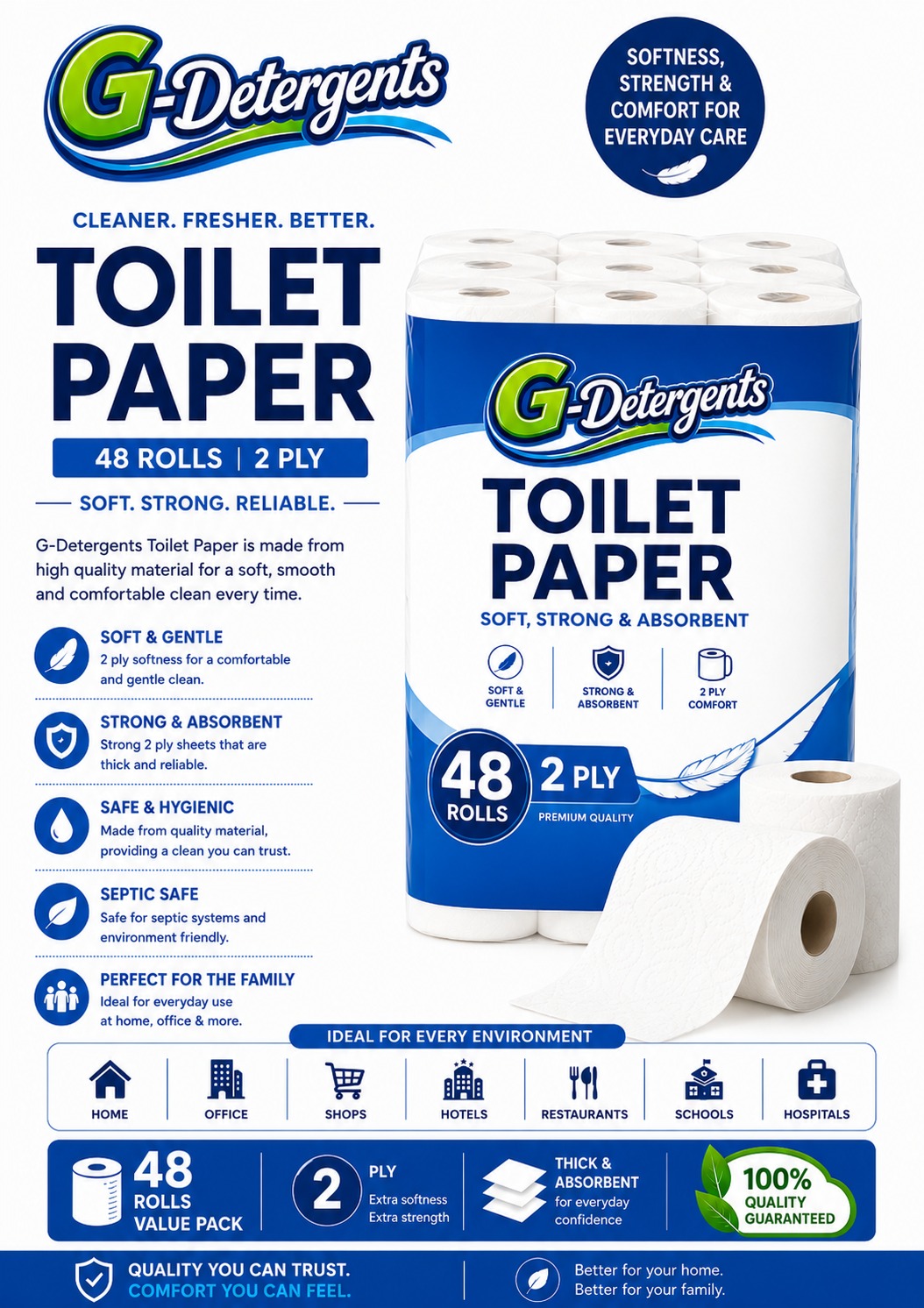 48-pack G-Detergents 2-ply toilet paper with 300 sheets, showing soft, white, multi-sheet rolls for bathroom use.